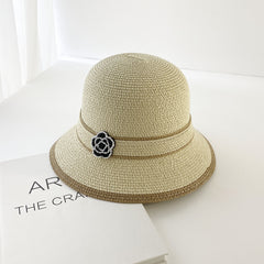 Camellia Decor Sun Hat French Style Straw Bucket Hat Outdoor Sunshade