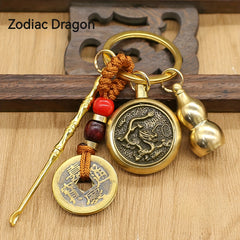 Brass Chinese Zodiac Keychain with Ear Spoon Decoration