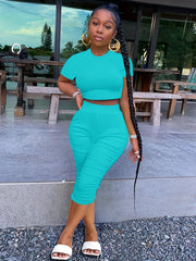 Casual 2pc Set Crew Neck Short Sleeve Crop T-shirt & High Waist Ruched Pants
