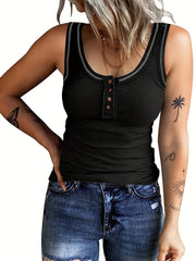 Button Front Crew Neck Tank Top Sleeveless Casual Summer Women's Top