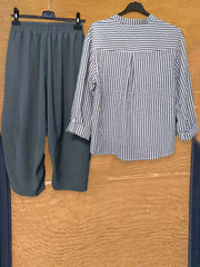 Striped Print Button Blouse & Wide Leg Pants Set