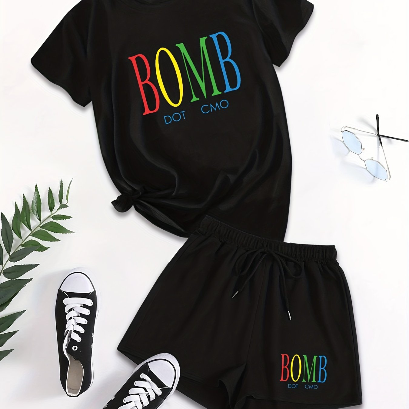Letter Print Casual Short Sleeve T-shirt & Drawstring Waist Shorts