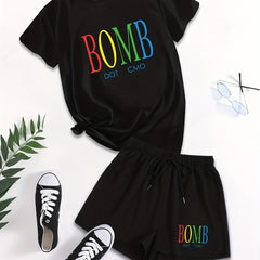 Letter Print Casual Short Sleeve T-shirt & Drawstring Waist Shorts