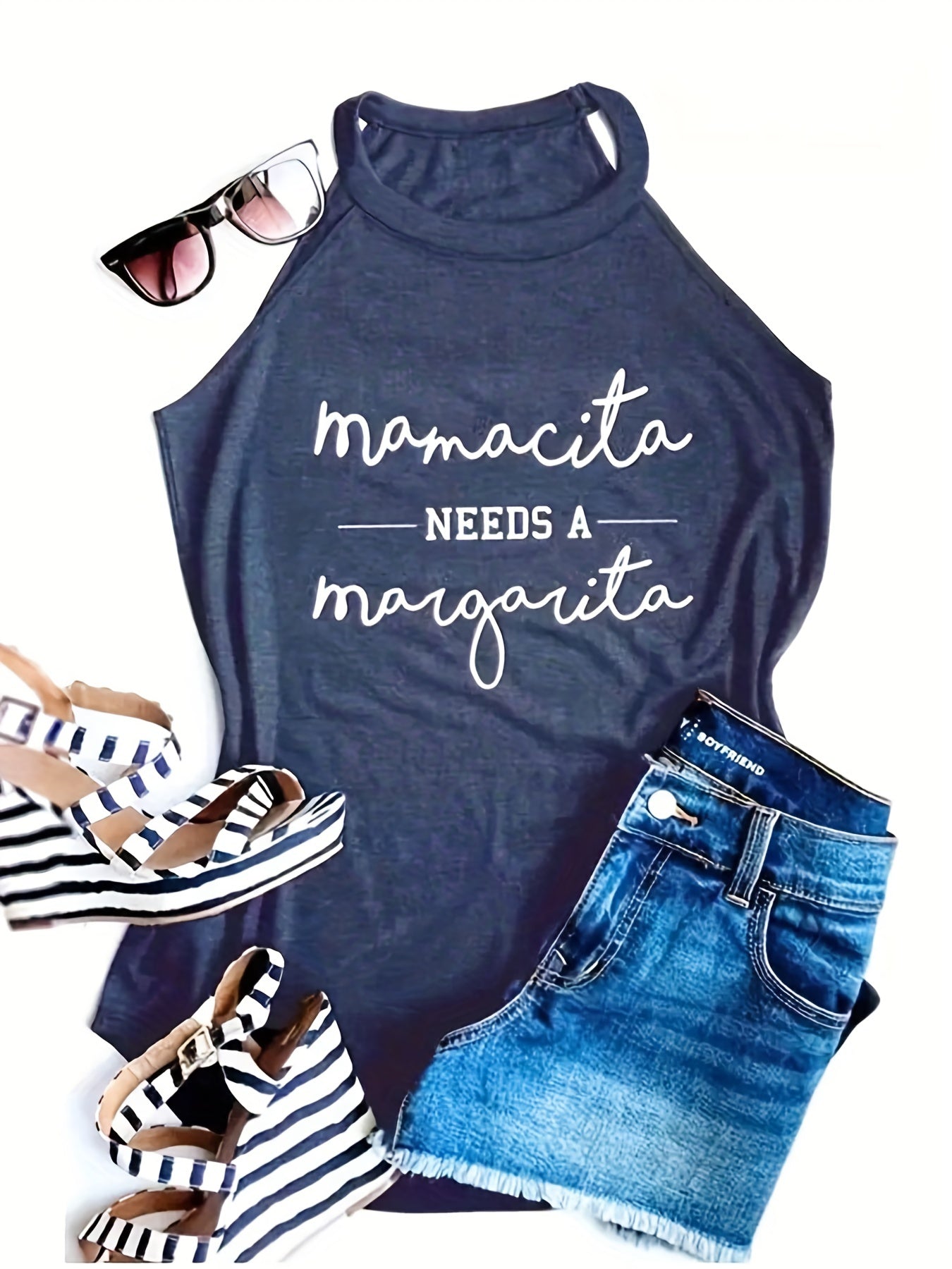 Women's Letter Print Halter Top Sleeveless Crew Neck Top