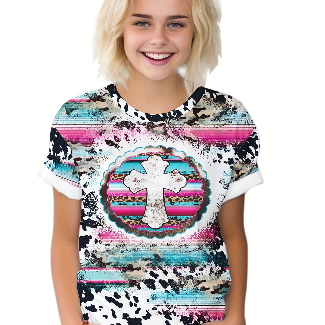 Western Style Cross Graphic Short Sleeve T shirt for Kids