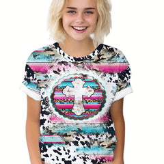 Western Style Cross Graphic Short Sleeve T shirt for Kids