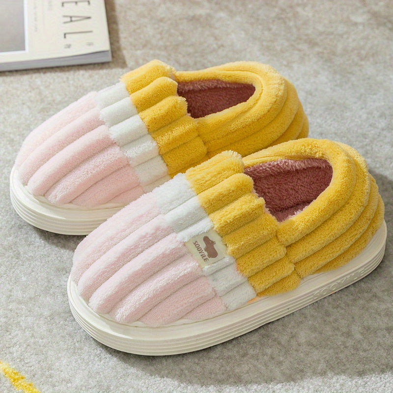 Women's Colorblock Plush Slippers Cozy Slip On Fuzzy Indoor Shoes