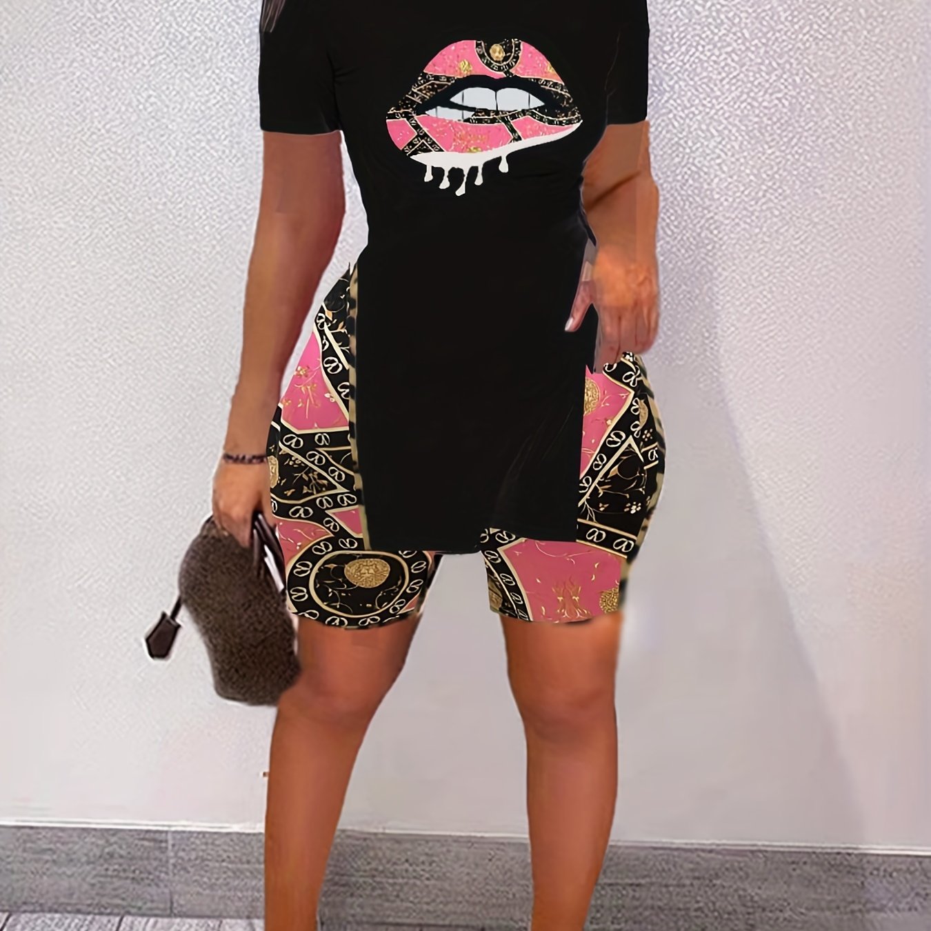 Lips Print T Shirt & Yoga Shorts 2pcs Set for Women