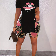 Lips Print T Shirt & Yoga Shorts 2pcs Set for Women