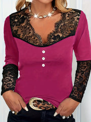 Solid Lace Long Sleeve V Neck Knit Top