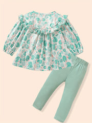 Girl's Plant Print Suit Doll Collar Top Pants Set
