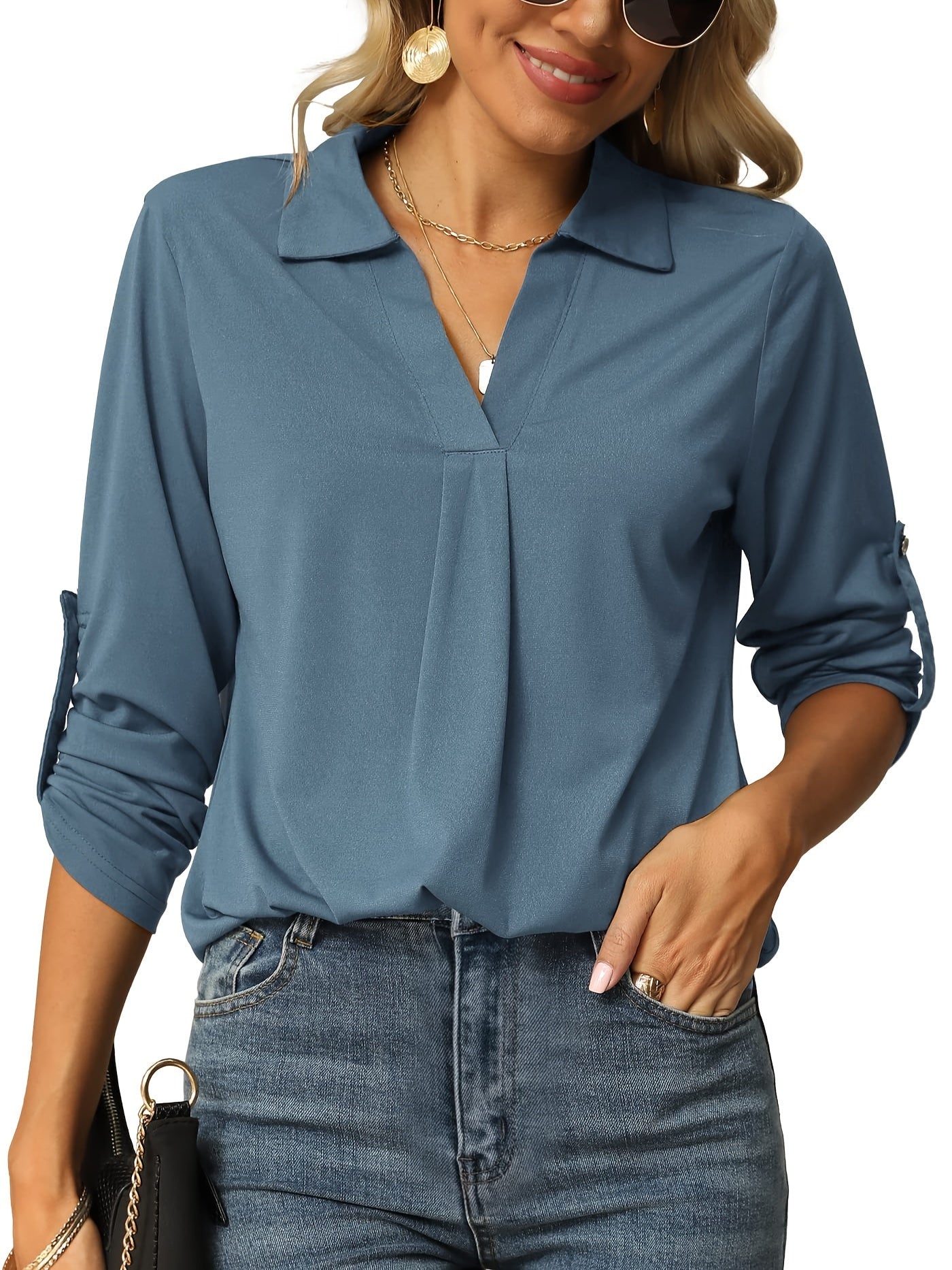 Solid Lantern Sleeve V Neck Blouse