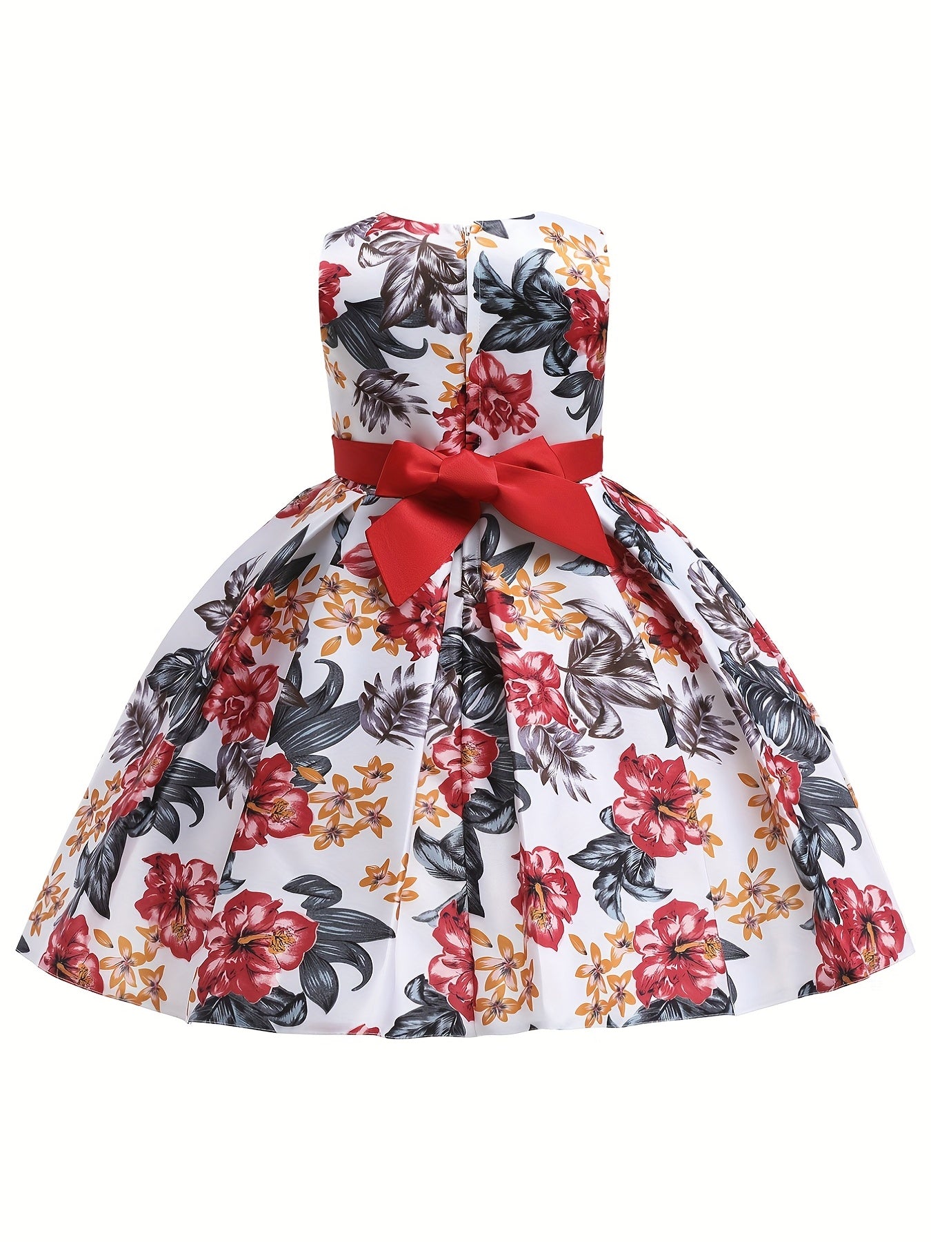 Girls Satin Flower Print Princess Dress Bow Front Evening Dress