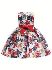 Girls Satin Flower Print Princess Dress Bow Front Evening Dress