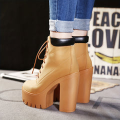 Chunky Heeled Short Boots Round Toe Lace Up High Heels Waterproof Shoes