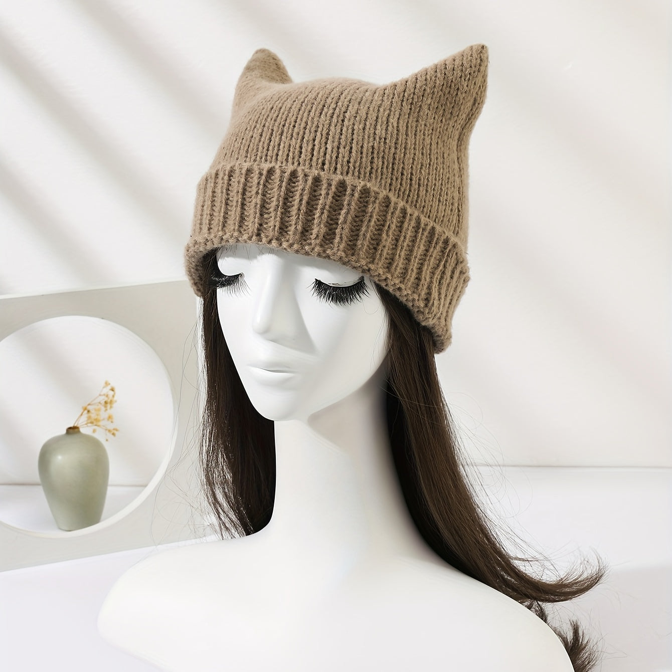 Gray Cat Ears Knitted Beanie Lightweight Knit Hat Elastic Windproof Skull Hat