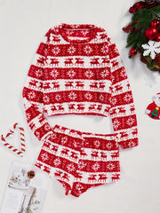 Christmas Plush Pajama Set Crew Neck Long Sleeve Top & Shorts
