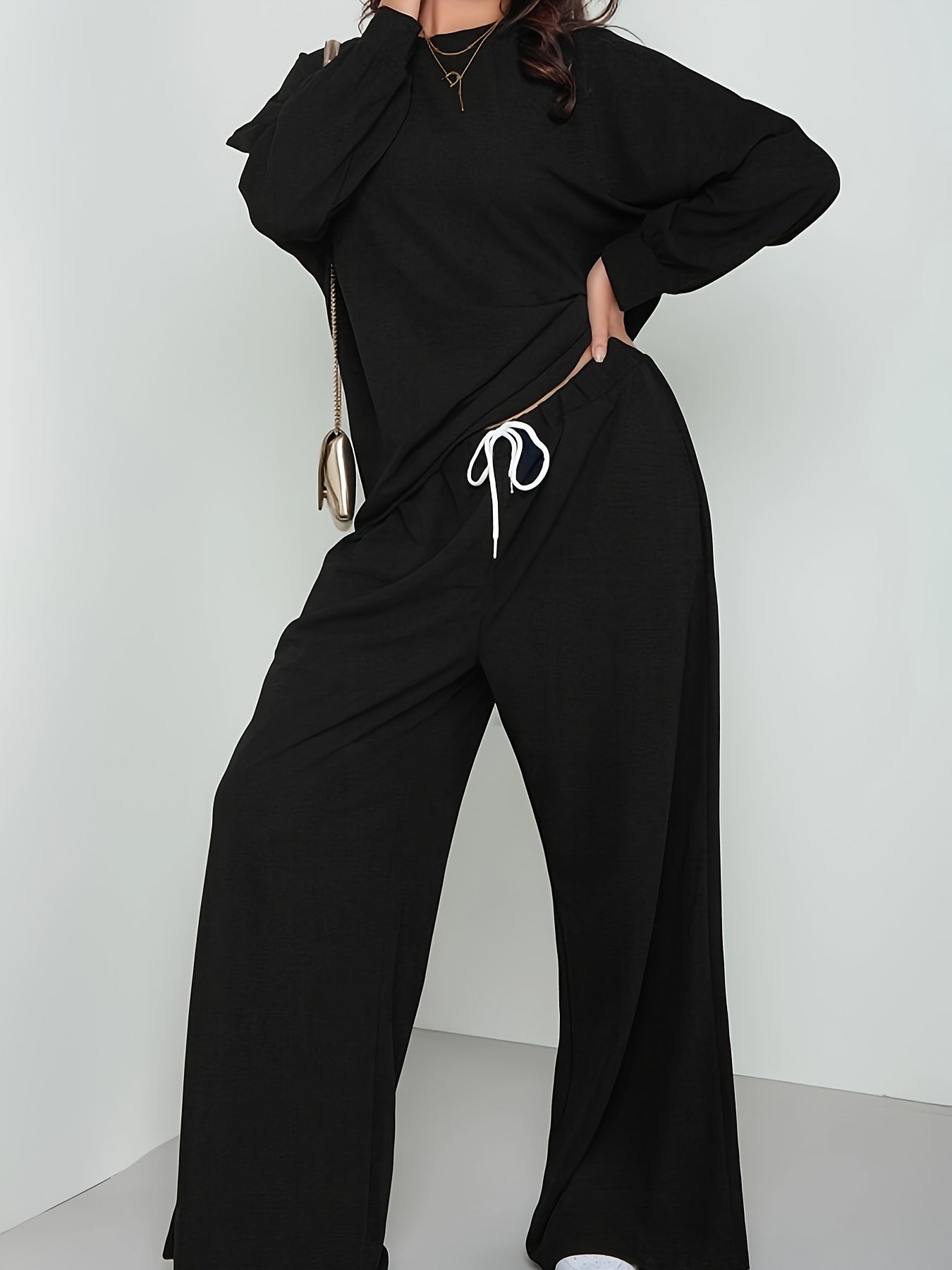 Casual Two Piece Set Solid Top & Wide Leg Pants