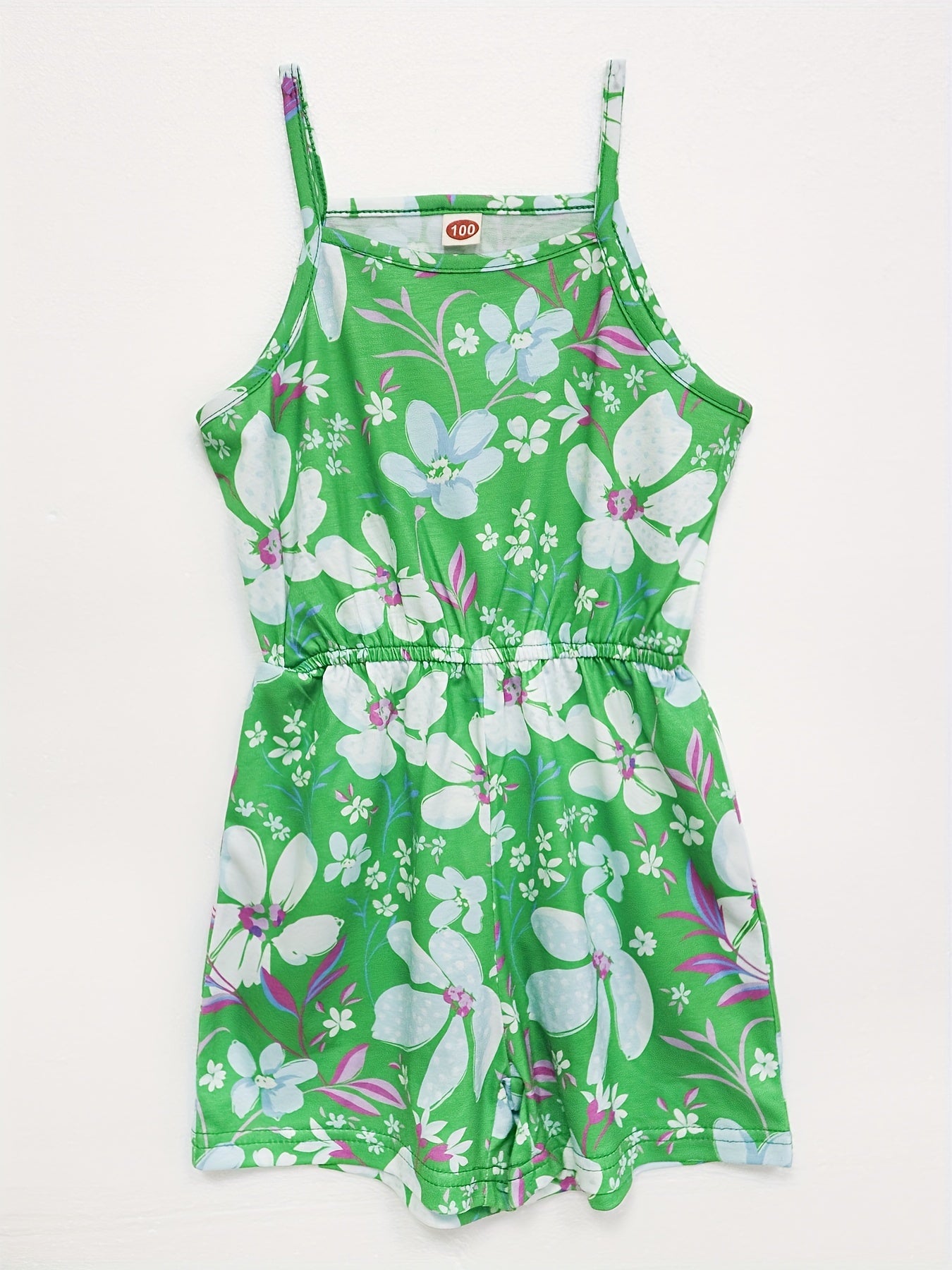 Girls Flowers Print Cami Romper Stretch Suspenders Jumpsuit