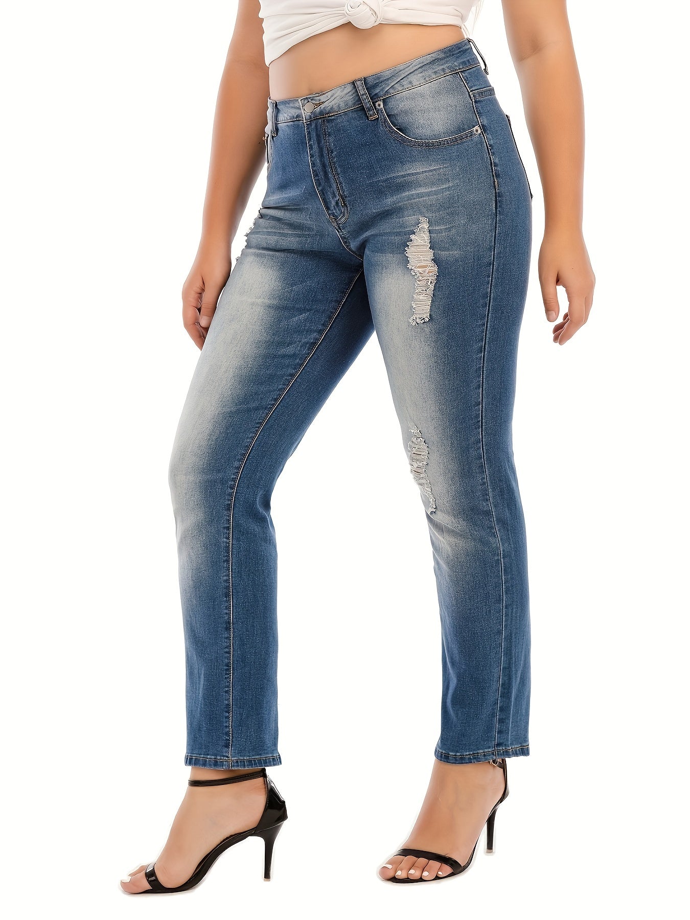 Washed Ripped Button Fly High Stretch Jeans