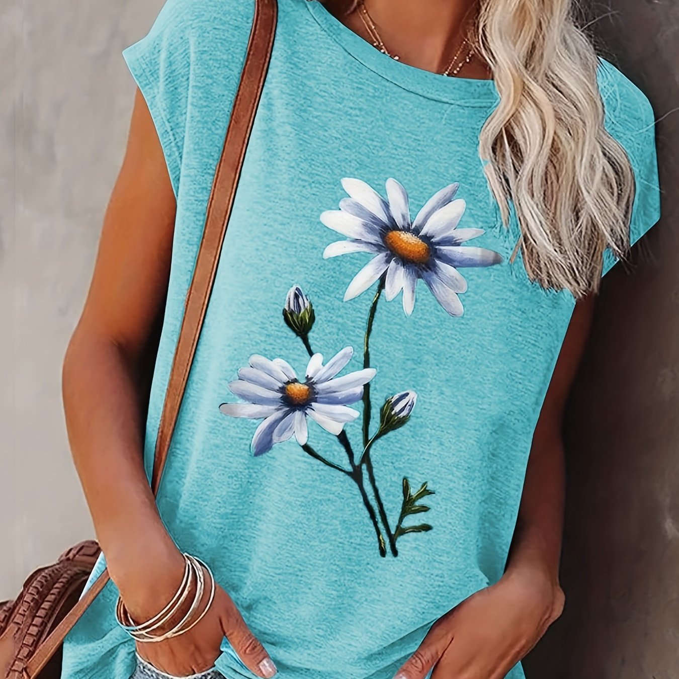 Floral Print Cap Sleeve Top Summer Crew Neck Casual Top