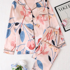Floral Print Pajama Set Long Sleeve Buttons Top & Elastic Waistband Pants