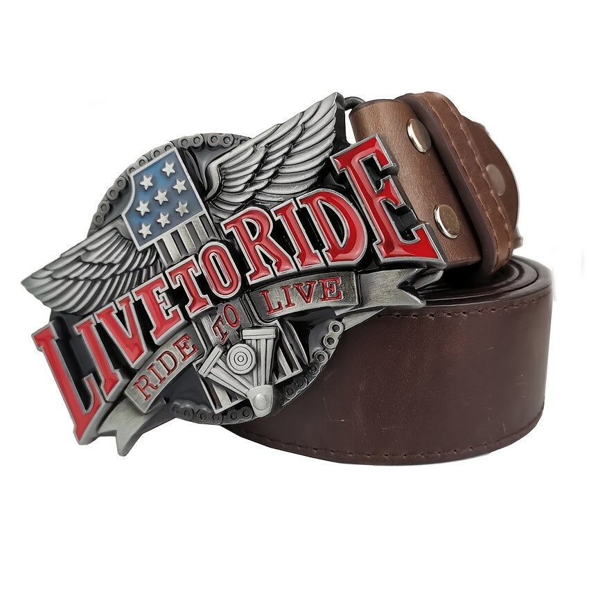 Men's Enamel Live To Ride Belt Buckle with PU Belt, Birthday Gift