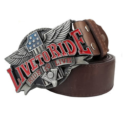 Men's Enamel Live To Ride Belt Buckle with PU Belt, Birthday Gift
