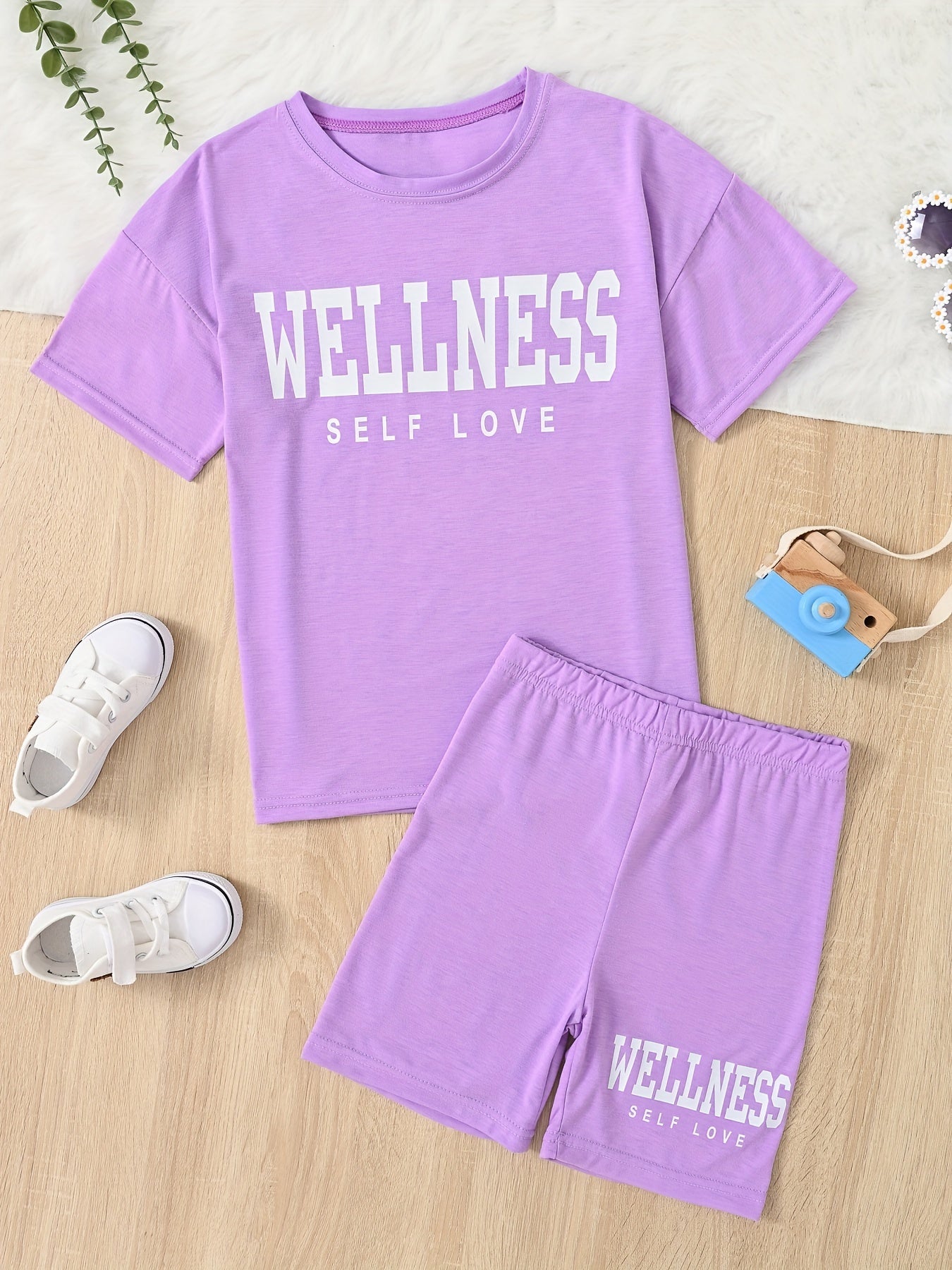 Girl's Casual Suit: Letter Print T-shirt & Bicycle Shorts