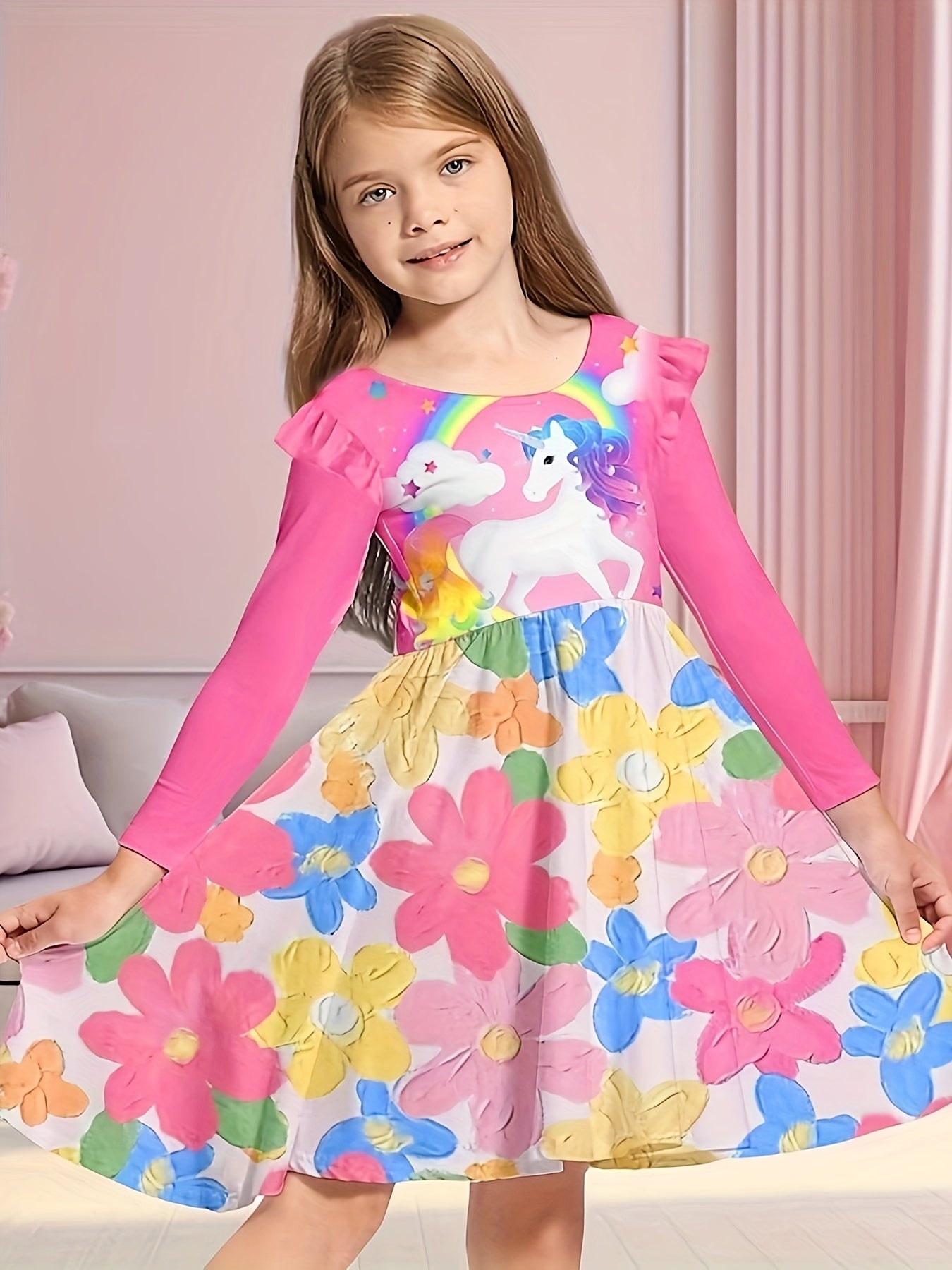 Sweet Unicorn Print Crew Neck Flutter Trim Long Sleeve Dress