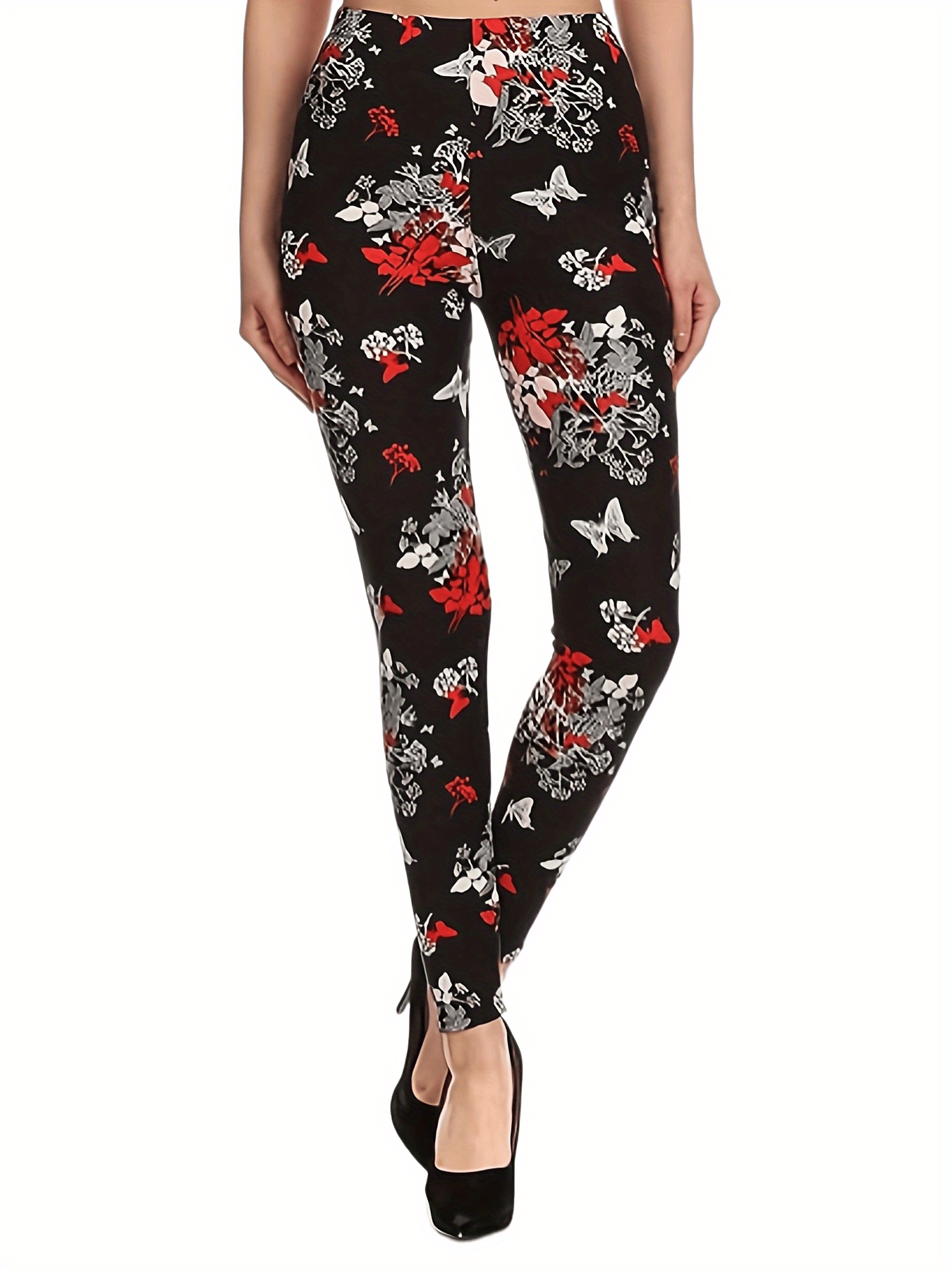 Plus Size Floral & Butterfly Print High Rise Leggings