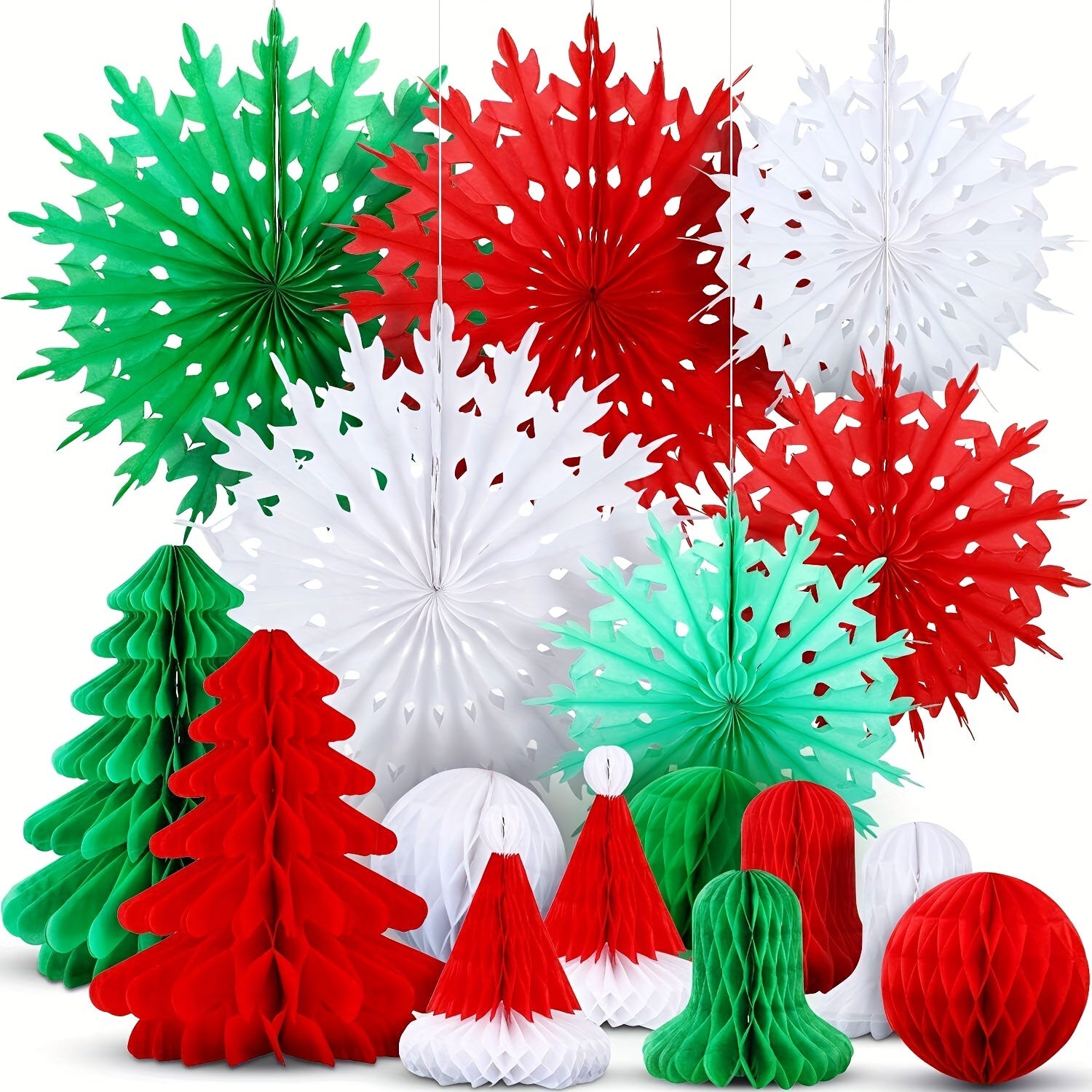 16pcs Assorted 3D Paper Honeycomb Christmas Decorations