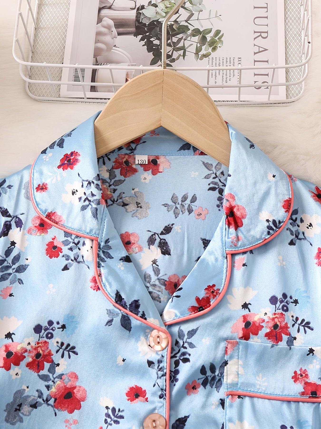 Girls Flowers Pajamas Set Short Sleeve Top & Shorts Sleepwear
