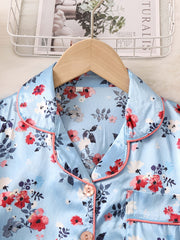 Girls Flowers Pajamas Set Short Sleeve Top & Shorts Sleepwear