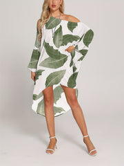 Leaf Print Cover Up Dress One Shoulder Loose Fit Asymmetrical Beachwear Kaftan