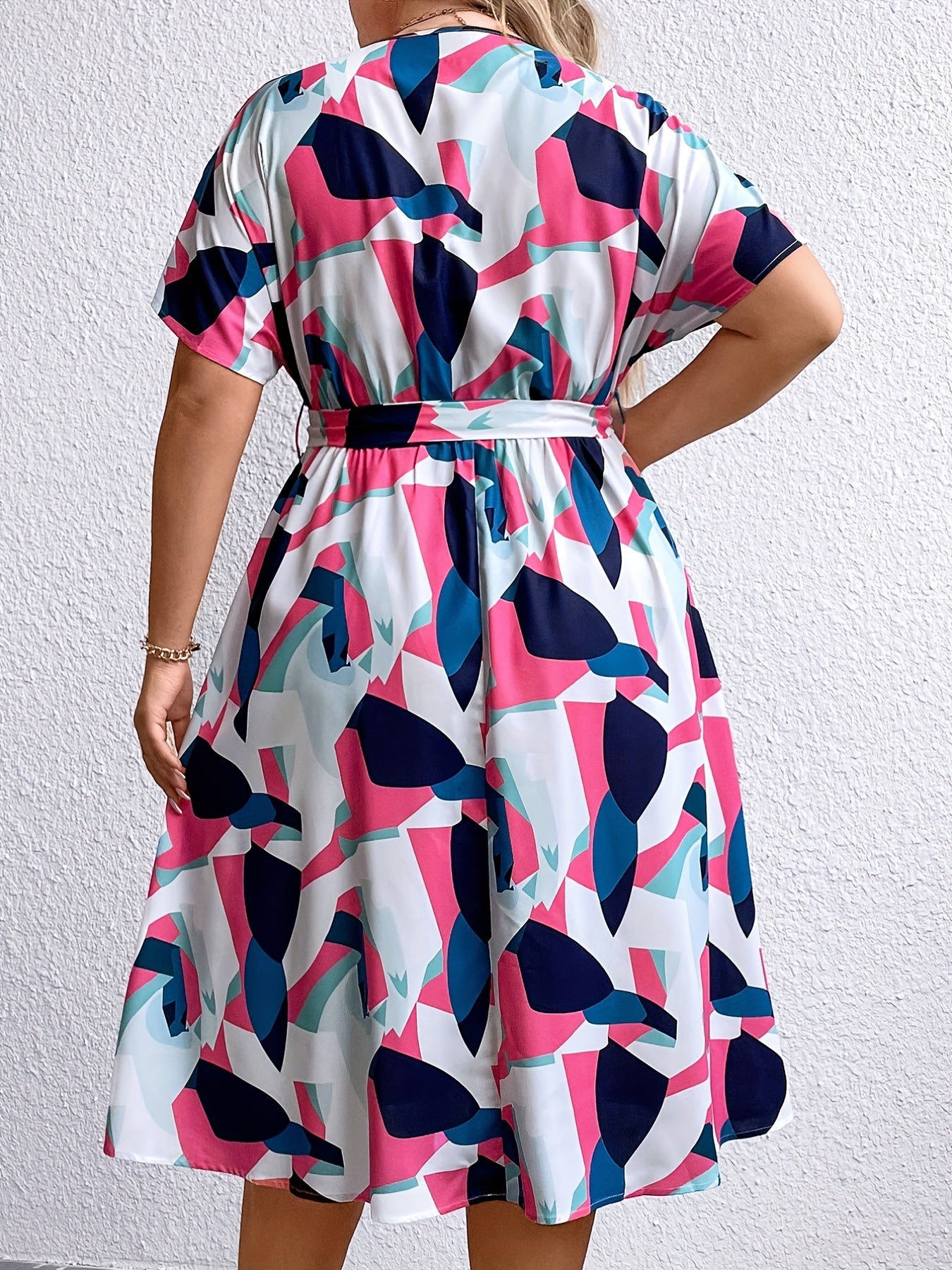 Colorblock Geometric Print V Neck Dress With Belt