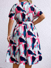 Colorblock Geometric Print V Neck Dress With Belt