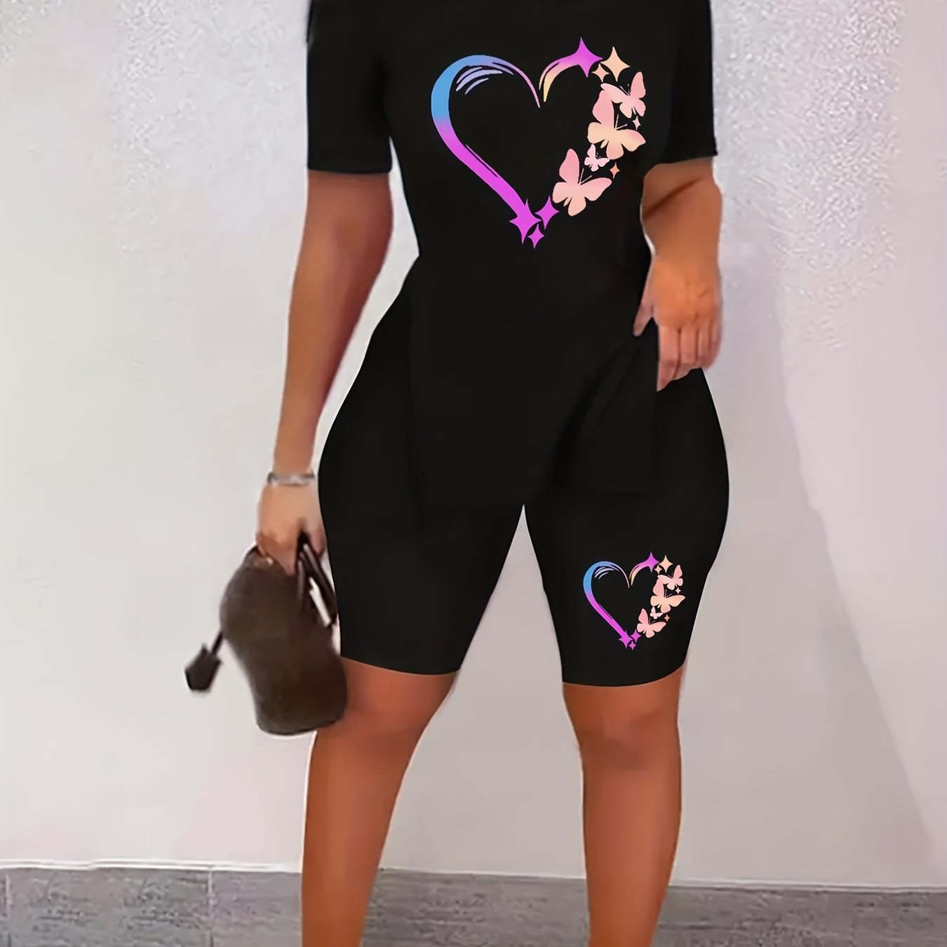 2pcs Tee & Biker Shorts Set Slit Sleeve Casual T Shirt & Biker Shorts