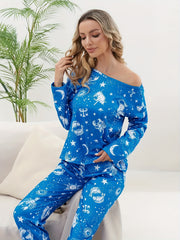 Fish Print Pajama Set Long Sleeve Top & Pants Women's Sleepwear