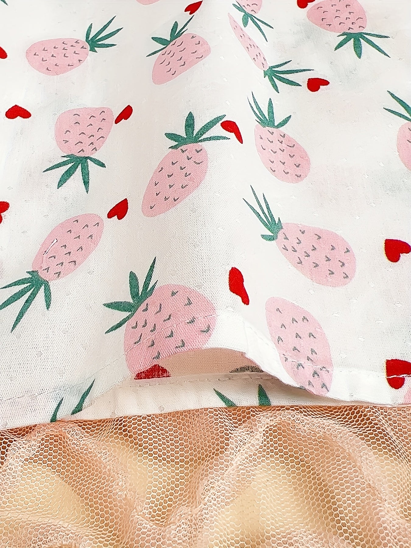 Girls Pink Fruit Full Print Lace Square Neck Short Sleeve Shirt