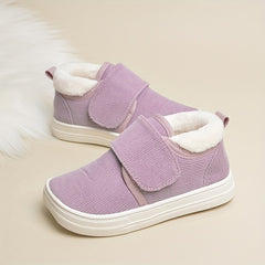 Girls' Soft Warm Low Top Sneakers - Anti Slip Fleece Plus Hook and Loop Fastener