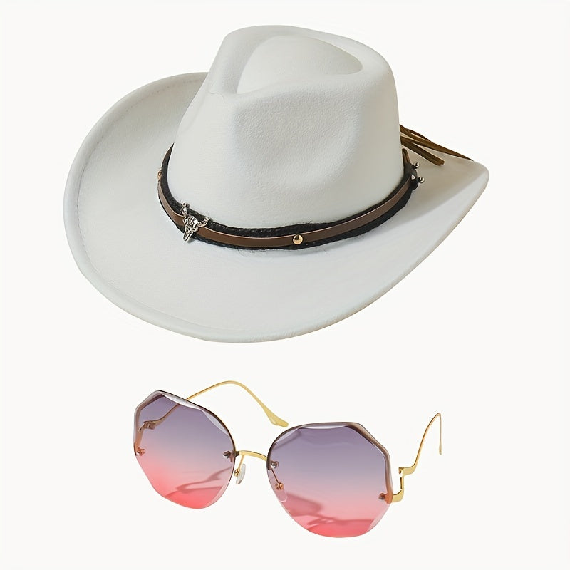 Western Cowboy Hat Glasses Set Belt Decor Fedora Cap & Gradient Sunglasses