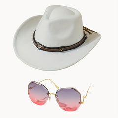 Western Cowboy Hat Glasses Set Belt Decor Fedora Cap & Gradient Sunglasses