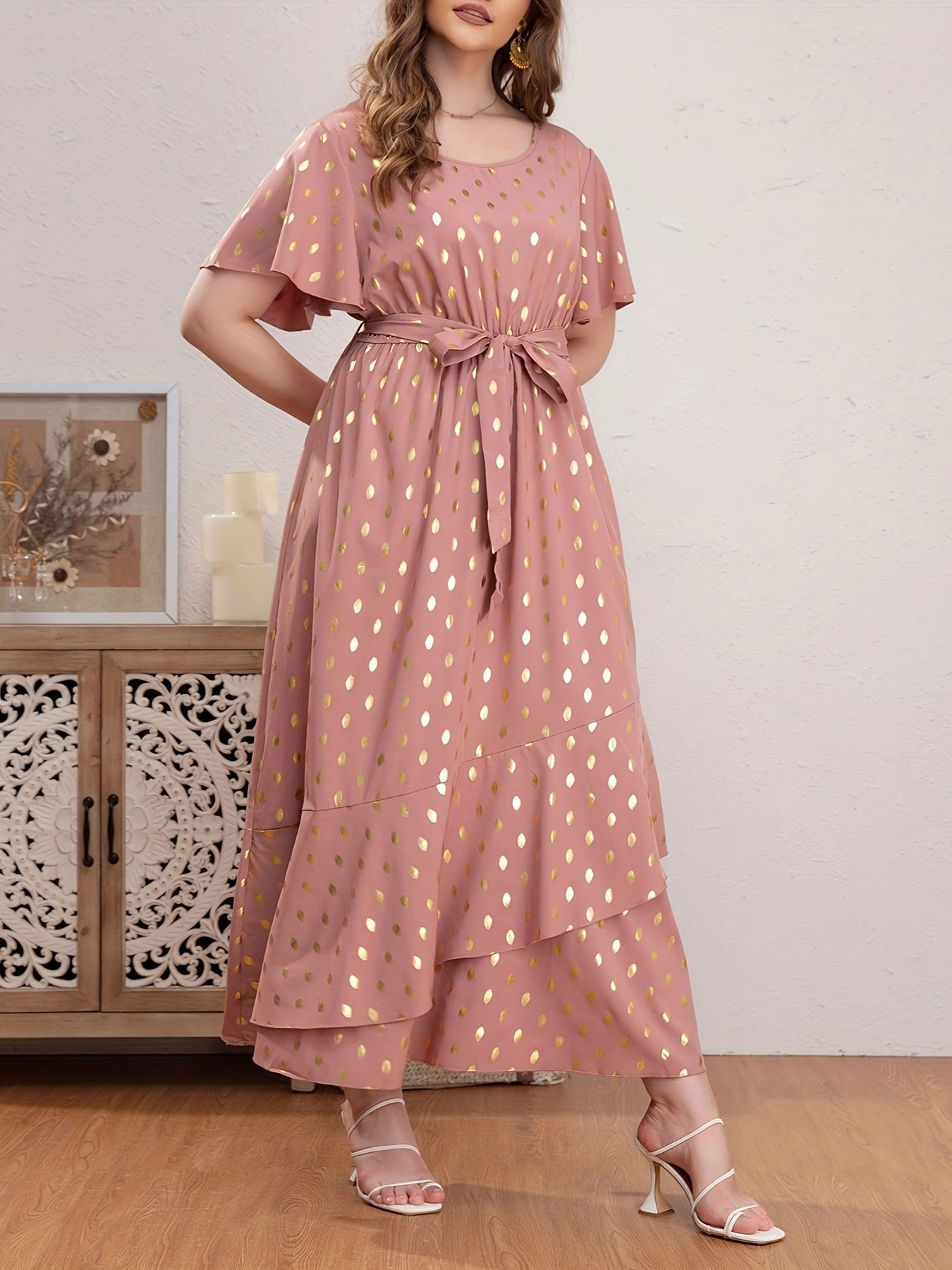 Women's Plus Golden Dot Print Maxi Dress with Belt