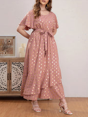 Women's Plus Golden Dot Print Maxi Dress with Belt