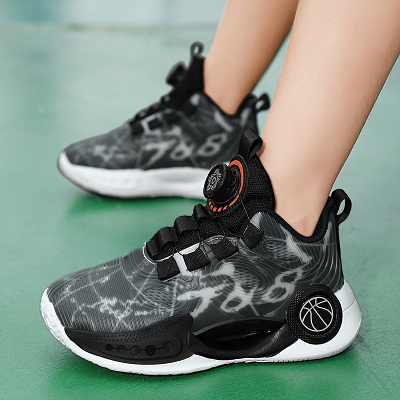 Boy's Basketball Shoes with Rotating Buckle Non Slip Sneakers
