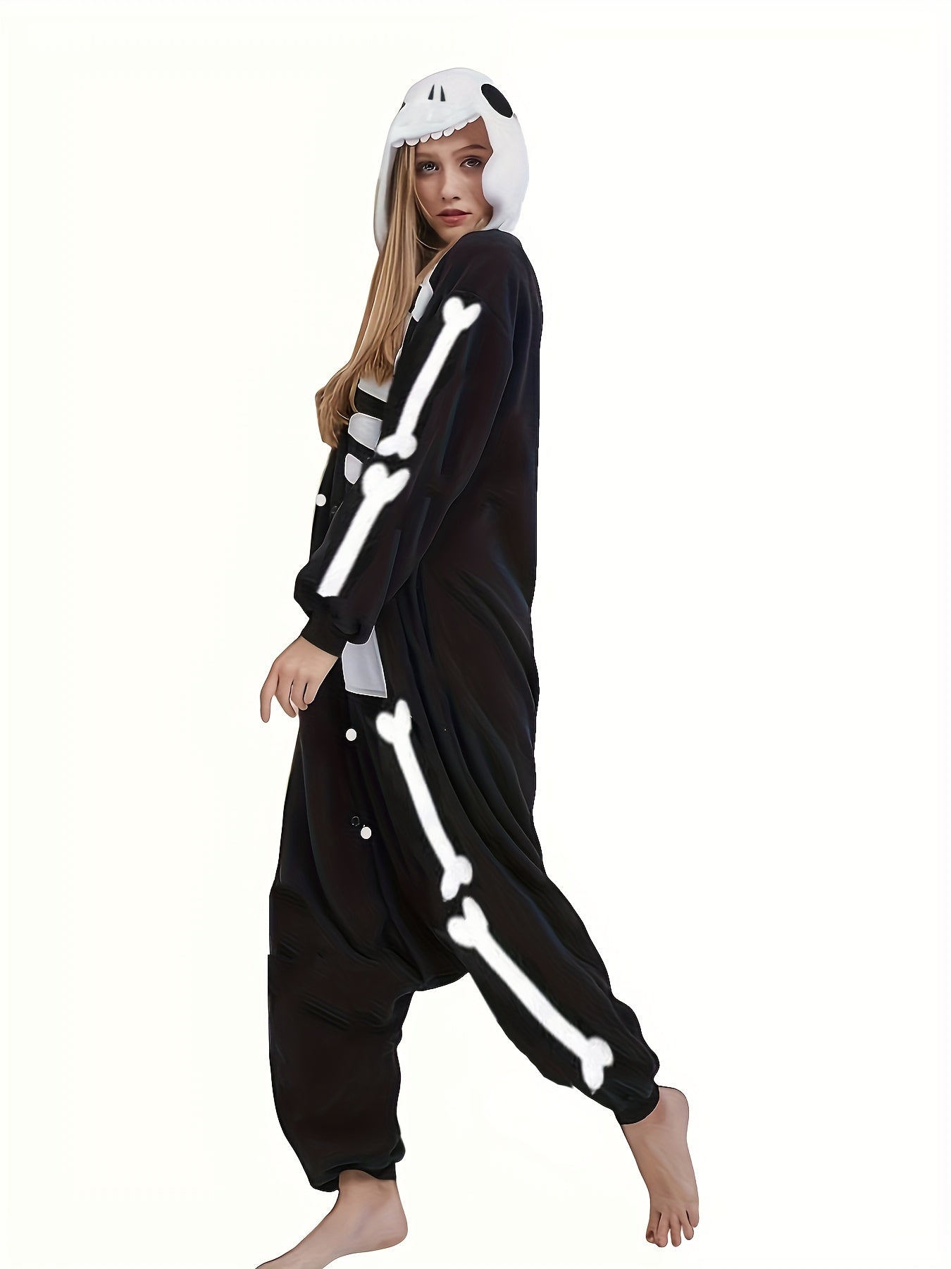 Skull Button Up Hooded Fleece Jumpsuit