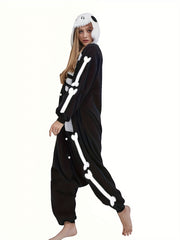 Skull Button Up Hooded Fleece Jumpsuit