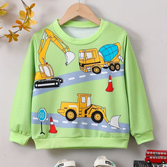 Cartoon Excavator Car Print Boys Pullover Sweatshirt