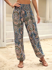 Paisley Print Shirred Waist Boho Jogger Pants Women's Clothing